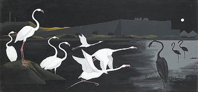 Flamingos in flight by moonlight