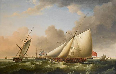 The Revenue cutter 'Greyhound' patrolling in two positions off Walmer Castle