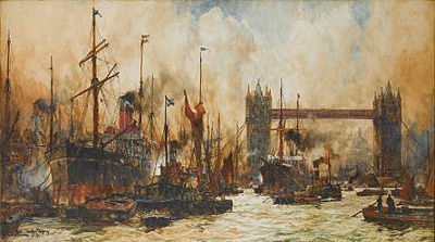 The bustling river below Tower Bridge by Charles Edward Dixon - Auction record, sale price, and art valuation. Compare with similar artists and explore comparable artworks.