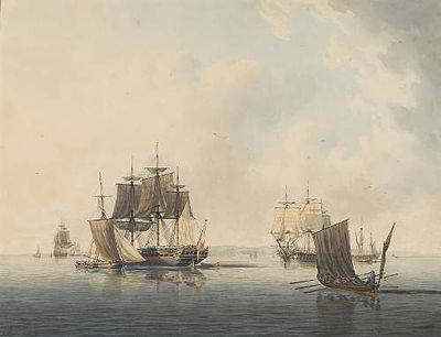 Warships drying their sails off a coastal town