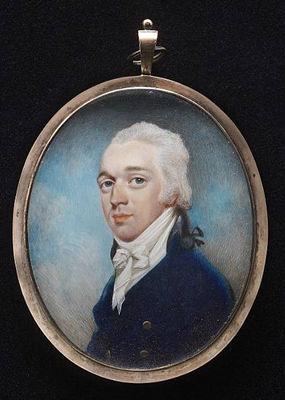 A Gentleman, called George Stringer of Whitfield (1767-1839), wearing blue coat with black collar, white waistcoat and tied cravat, his hair powdered and worn en queue with a black ribbon bow