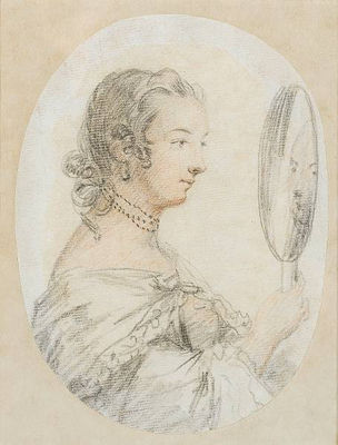 A Lady, in profile to the right gazing at her reflection in a hand held mirror, she wears dress, cloak and three strand choker