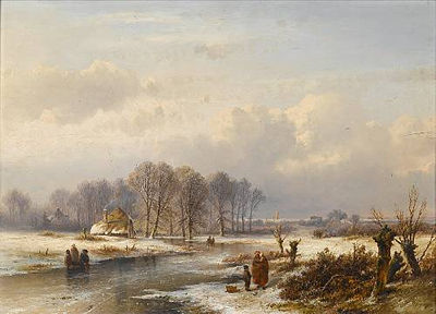 A winter landscape with skaters on a frozen river