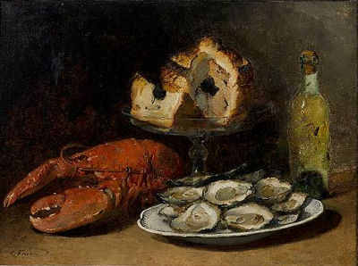 A still life with lobster, a pie and oysters