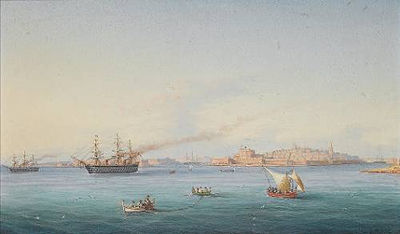 H.M.S. Victoria amongst native craft off Fort St. Elmo, Valletta, Malta