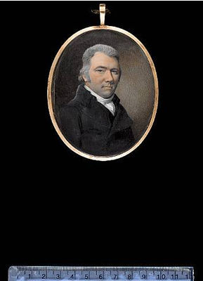 A Gentleman, wearing double-breasted black coat with tied white stock, his hair powdered