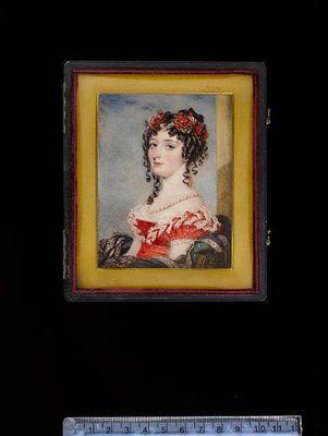 Marguerite Power, Countess of Blessington (1789-1849), wearing red dress, the bodice and short puffed sleeves lavishly trimmed with white lace, pearl necklace, her curling brown hair worn long and dressed with a wreath of poppies, corn and green leaves, s