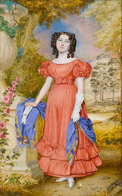 A Lady, full-length, wearing salmon-coloured dress with puffed sleeves and flounced skirt, ivory satin slippers, a blue shawl with yellow and green border around her waist, her long brown hair worn in ringlets, a white elbow-length glove on her left hand by Walter Stephens Lethbridge - Auction record, sale price, and art valuation. Compare with similar artists and explore comparable artworks.