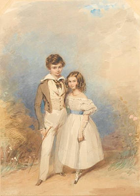 Vere Henry Close, wearing brown coat over buff waistcoat with brown spots, white shirt with turned-back collar and tied brown stock, cream trousers and brown boots, holding a riding crop in his right hand, and Sophia Caroline Close, wearing white dress wi