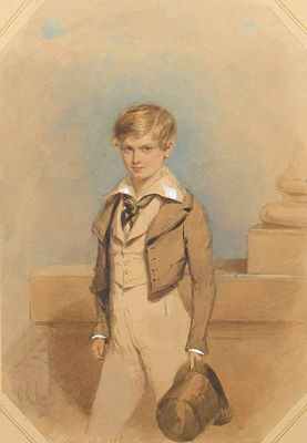 Barry Maxwell Close (1828/9-1873), wearing brown coat over buff-coloured trousers and waistcoat, with a broad-collared shirt and tied black cravat, a top hat in his left hand, ledge and column behind