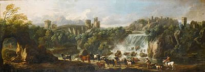 An Italianate landscape with drovers watering their cattle, a view to Tivoli beyond