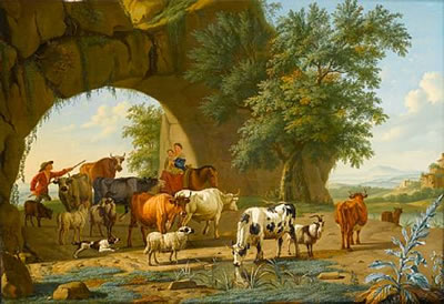 An Italianate landscape with a drover and a shepherdess with their flock beneath a stone arch