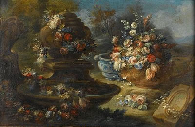 Chrysanthemums, morning glory, roses and other flowers in a bronze urn beside a waterfall; and A fountain decorated with garlands of flowers with tulips, roses and other flowers in a large dish (pair)