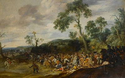 An extensive landscape with a cavalry engagement and heavily armoured cavalry beyond