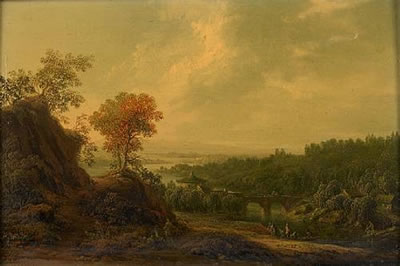 A river landscape with peasants crossing the river on a boat in the foreground, a bridge leading to a Chinoiserie building in the background; and a river landscape with peasants working near a mill in the foreground, a walled city in the distance (pair)