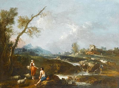 A river landscape with pastoral figures and a flock in the foreground, an Italian village in the background