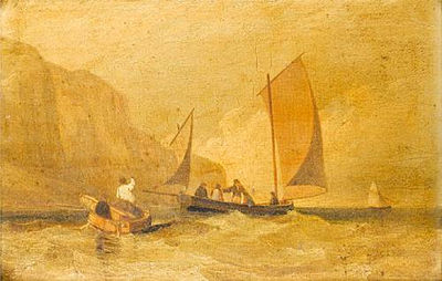 A lugger with passengers inshore below cliffs