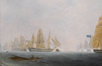 H.M.S. 'Caesar' and Lord Howe's flagship H.M.S. 'Queen Charlotte' engaging the French fleet, 29th. May 1794