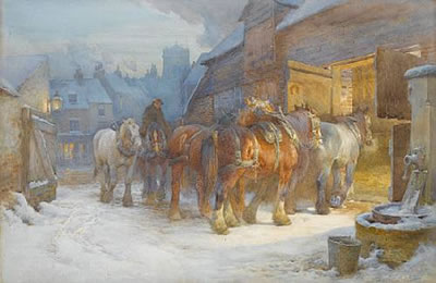 Horses being led to their stables at dusk by Charles James Adams - Auction record, sale price, and art valuation. Compare with similar artists and explore comparable artworks.