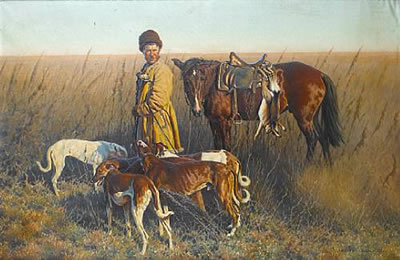 A Cossack and hunting dogs