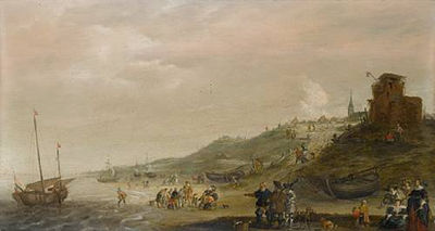 A coastal landscape with elegant figures on the shore and fishermen unloading their catch