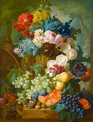 Roses, irises, carnations and other flowers in a stone urn with peaches, grapes, melon, plums and walnuts beside a bird's nest on a stone ledge, a park landscape beyond