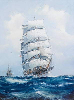 The square-rigged wool clipper Argonaut under full sail and running before the wind, with the P.& O. steamer Mooltan in her wake astern