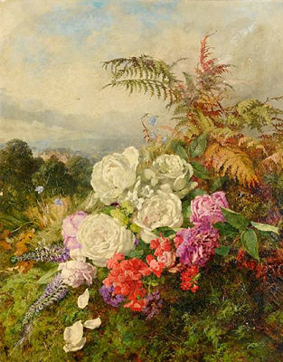 Summer flowers on a mossy bank, a landscape beyond