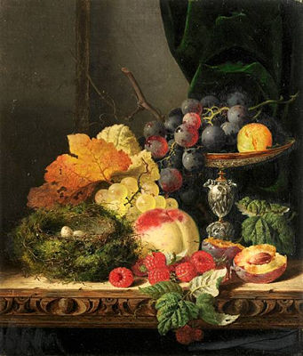 Still life with fruit, leaves and a bird's nest on a ledge; Still life with fruit, leaves and a glass of wine on a ledge by Edward Ladell - Auction record, sale price, and art valuation. Compare with similar artists and explore comparable artworks.