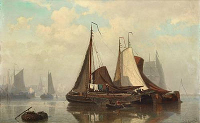 An estuary scene with barges at anchor