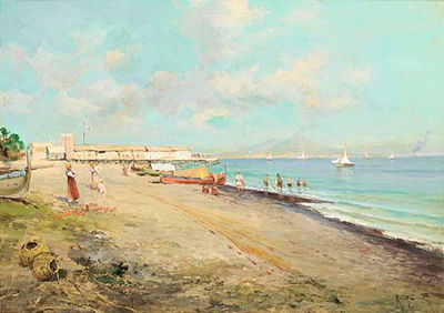 Sample artwork by Oscar Ricciardi (1864 - 1935), known for genre, landscape, coastal seascape paintings - View similar artists and auction records