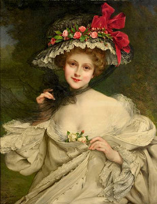 A beauty with a red-ribboned hat