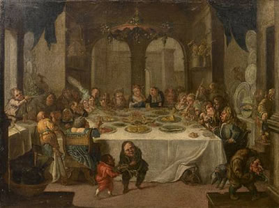 A PLACE INTERIOR WITH FIGURES FEASTING