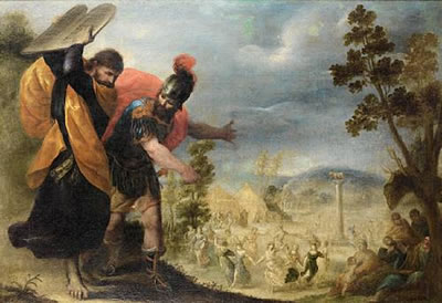 MOSES BRAKING THE TABLETS, THE ADORATION OF THE GOLDEN CALF IN THE DISTANCE
