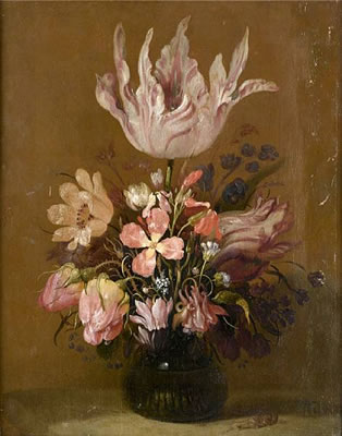 Tulips, roses and other flowers in a glass vase with a snail, on a table top
