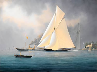 Britannia and Vigilant off the Royal Yacht Squadron's headquarters, with the royal yacht Alberta outward bound from East Cowes beyond, 1894 by Timothy Thompson - Auction record, sale price, and art valuation. Compare with similar artists and explore comparable artworks.