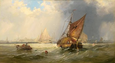 Hay barges and other small craft caught in a squall on the Medway