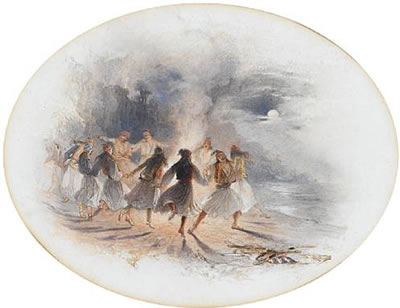 The dance of the Palikars; Talavera's plain with a distant view of Rome, illustrations for Lord Byron's 'Childe Harold's Pilgrimage'