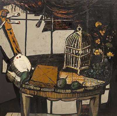 Still life with fruit, a banjo and birdcage
