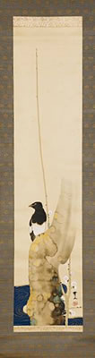 Kakejiku (depicting a magpie perched on the trunk of a plum tree, rendered in tarashikomi, a stream with ripples highlighted in gold strokes at the foot of the tree) by Kimura Buzan - Auction record, sale price, and art valuation. Compare with similar artists and explore comparable artworks.