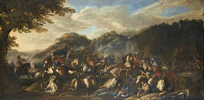 An extensive landscape with a cavalry battle