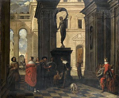 Elegant figures gathered in a palace courtyard