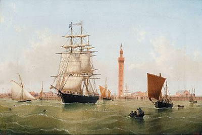 A three-masted merchantman leaving Grimsby on the high tide with the Dock Tower off her stern