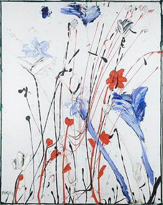 Still life with red and blue flowers