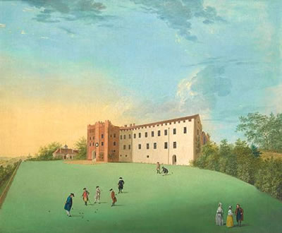 A view of the Bishop's Palace, Farnham Castle, with elegant figures playing bowls in the foreground