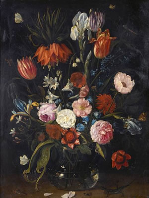 A still life of tulips, a crown imperial, snowdrops, lilies, irises, roses and other flowers in a glass vase with a lizard, butterflies, a dragonfly and other insects by Jan (The Elder) Van Kessel - Auction record, sale price, and art valuation. Compare with similar artists and explore comparable artworks.