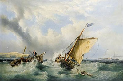 Pilot cutter no. 3 with a rowing boat coming alongside and a paddlesteamer in the distance