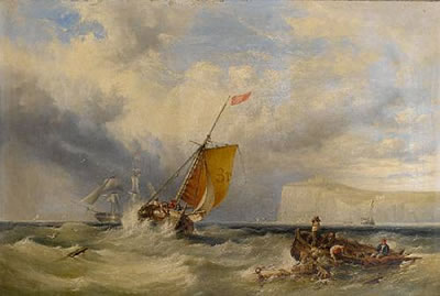 Pilot cutter no. 3 heading back inshore, with a large merchantman hove-to out in the bay