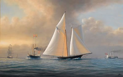 America crossing the Finish Line into immortality, with Queen Victoria watching from the royal yacht Victoria and Albert (II) astern