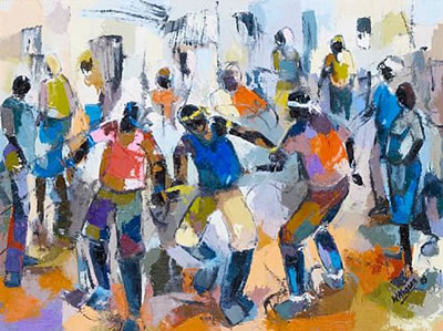 Township street scene; Dance in a township, a pair
